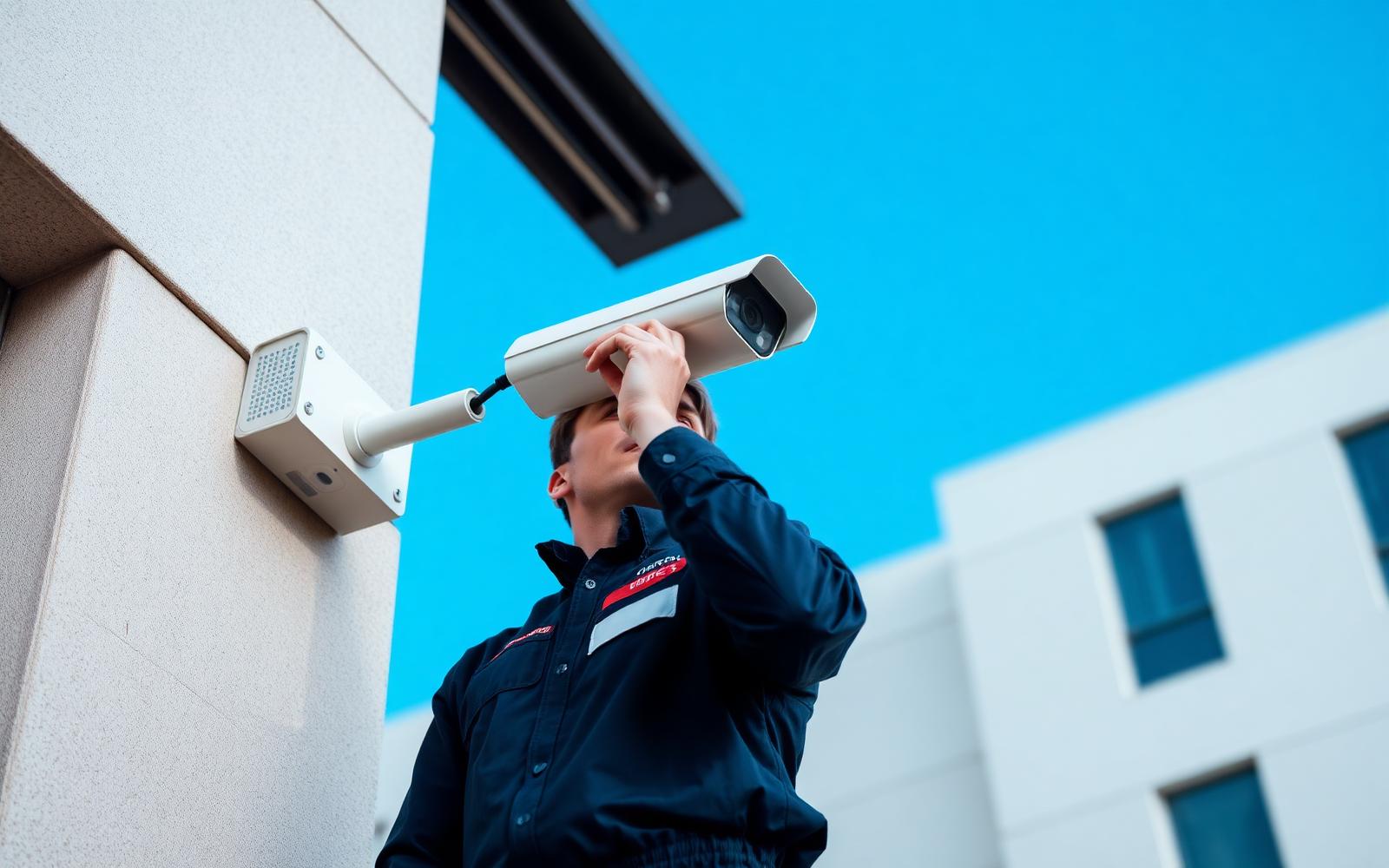 Technicien Orvys installant une caméra de vidéosurveillance professionnelle
